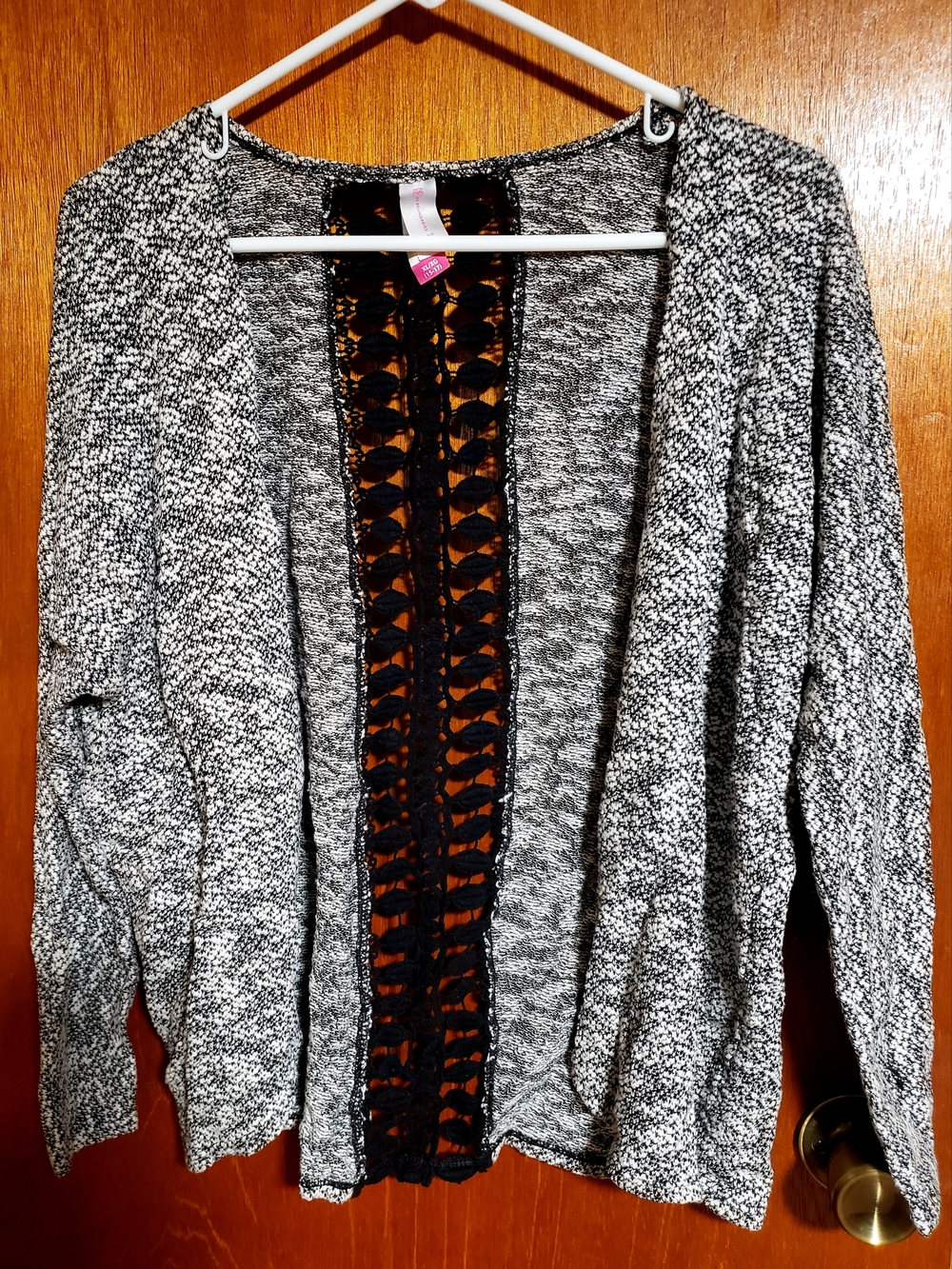 No Boundaries Black & White Open-Front Knit Cardigan with Crochet Back Panel